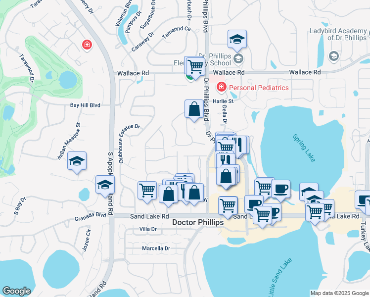 map of restaurants, bars, coffee shops, grocery stores, and more near 7627 Sugar Bend Drive in Orlando