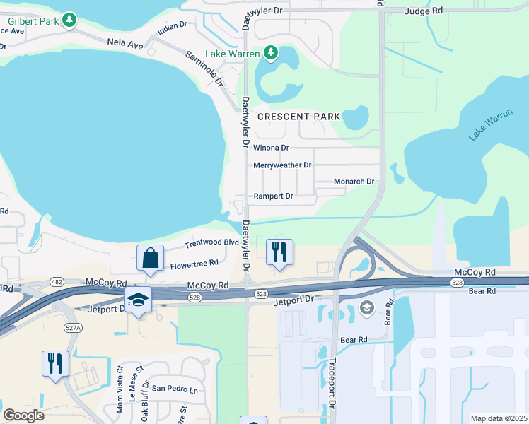 map of restaurants, bars, coffee shops, grocery stores, and more near 3614 Rampart Drive in Orlando