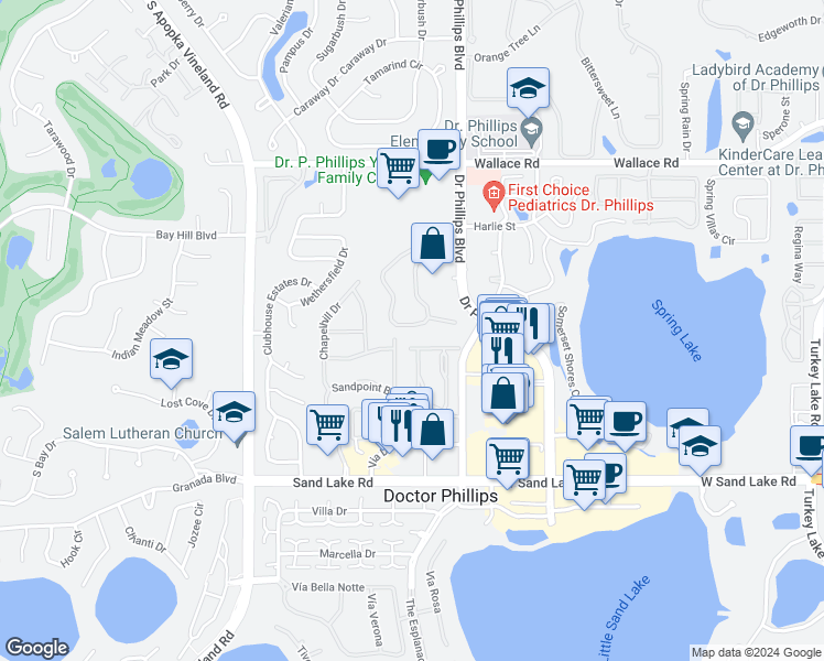 map of restaurants, bars, coffee shops, grocery stores, and more near 7627 Sugar Bend Drive in Orlando