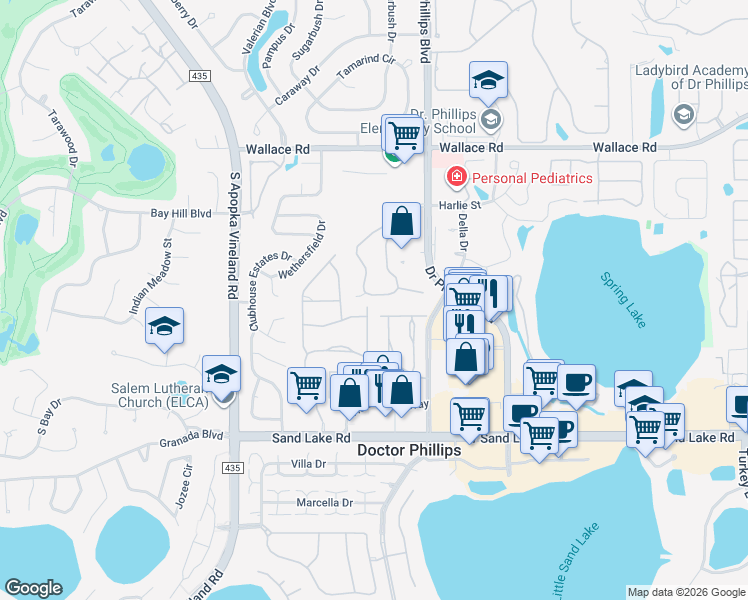 map of restaurants, bars, coffee shops, grocery stores, and more near 7627 Sugar Bend Drive in Orlando