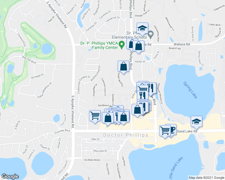 map of restaurants, bars, coffee shops, grocery stores, and more near 7627 Sugar Bend Drive in Orlando