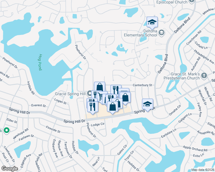 map of restaurants, bars, coffee shops, grocery stores, and more near 7380 Canterbury Street in Spring Hill