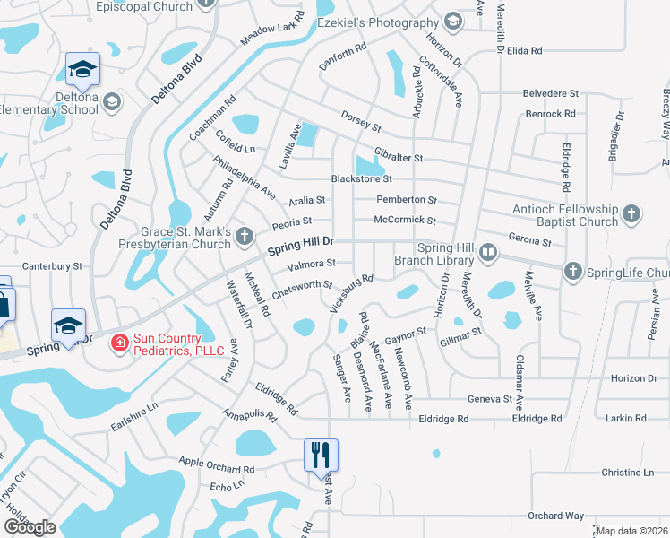 map of restaurants, bars, coffee shops, grocery stores, and more near 8432 Valmora Street in Spring Hill