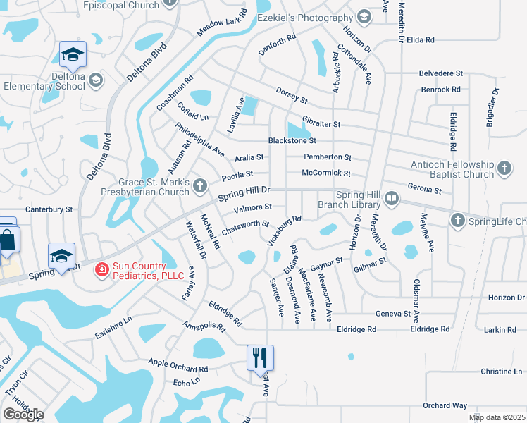 map of restaurants, bars, coffee shops, grocery stores, and more near 8432 Valmora Street in Spring Hill