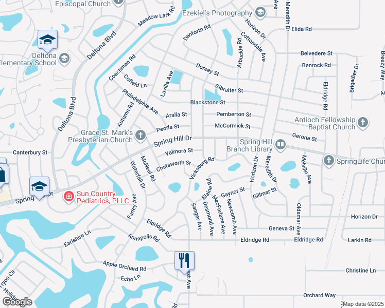map of restaurants, bars, coffee shops, grocery stores, and more near 8432 Valmora Street in Spring Hill