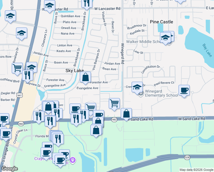 map of restaurants, bars, coffee shops, grocery stores, and more near 757 Evangeline Avenue in Orlando