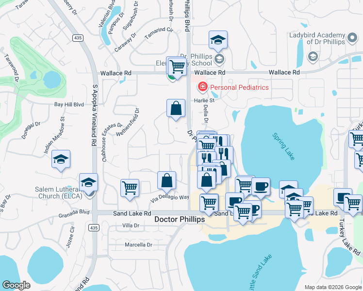 map of restaurants, bars, coffee shops, grocery stores, and more near 7860 Sugar View Court in Orlando
