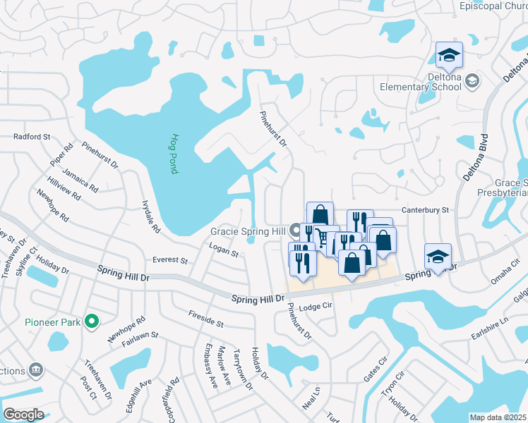 map of restaurants, bars, coffee shops, grocery stores, and more near 7295 Pond Circle in Spring Hill