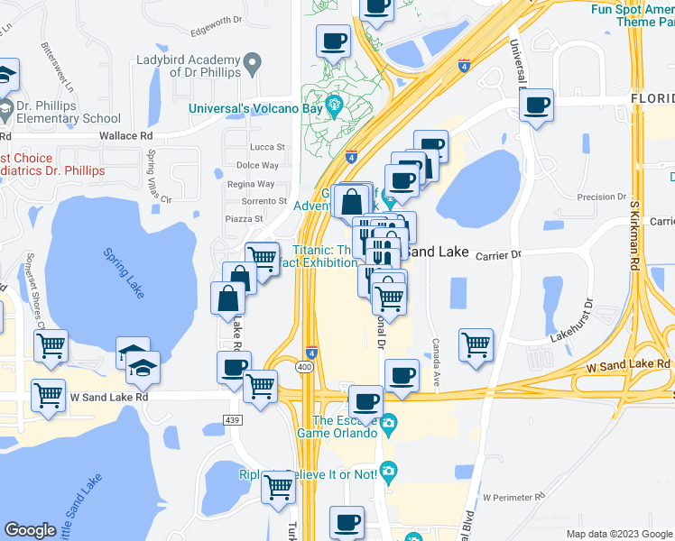 map of restaurants, bars, coffee shops, grocery stores, and more near 7218 International Drive in Orlando