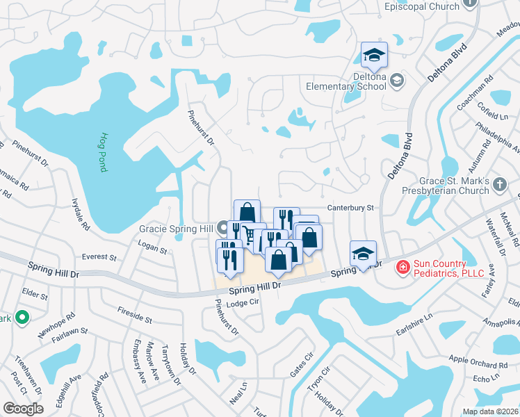 map of restaurants, bars, coffee shops, grocery stores, and more near 7344 Canterbury Street in Spring Hill