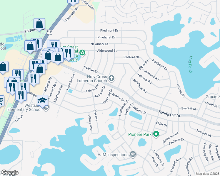 map of restaurants, bars, coffee shops, grocery stores, and more near 6229 Waycross Drive in Spring Hill