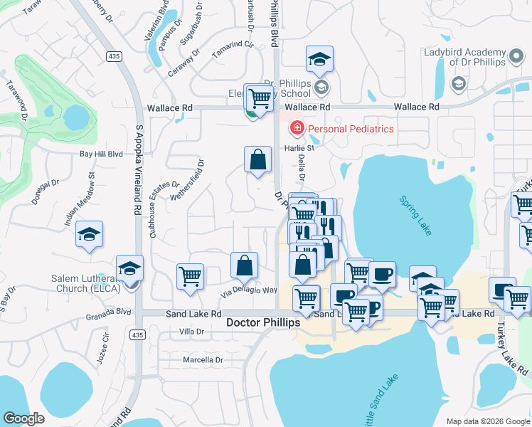 map of restaurants, bars, coffee shops, grocery stores, and more near 7856 Sugar View Court in Orlando