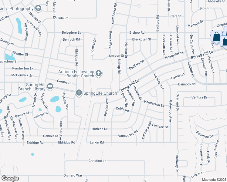 map of restaurants, bars, coffee shops, grocery stores, and more near 9493 Spring Hill Drive in Spring Hill