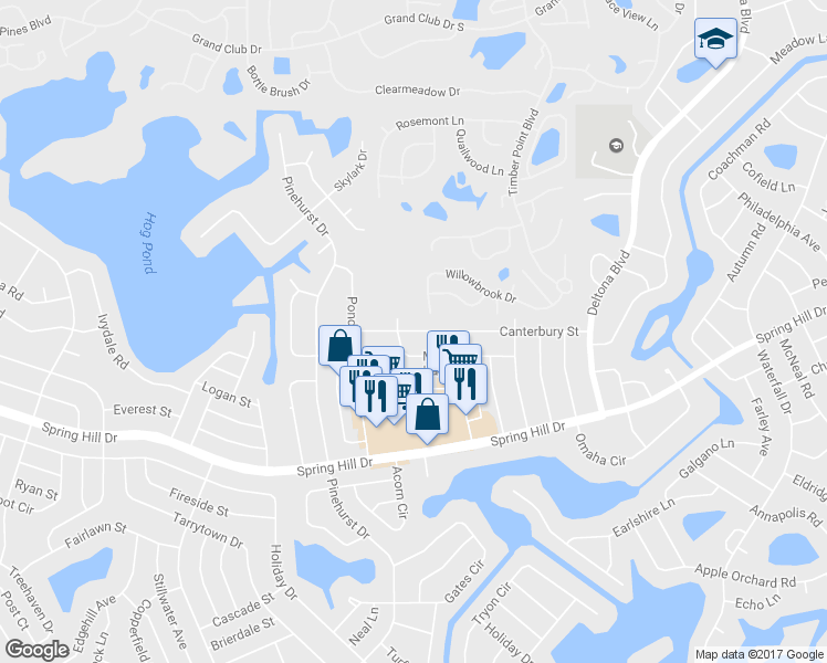 map of restaurants, bars, coffee shops, grocery stores, and more near 7374 Canterbury Street in Spring Hill