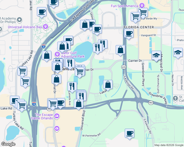 map of restaurants, bars, coffee shops, grocery stores, and more near 7500 Universal Boulevard in Orlando