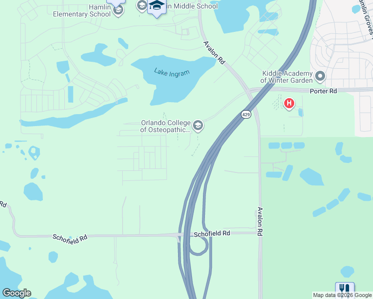 map of restaurants, bars, coffee shops, grocery stores, and more near Daniel Webster Western Beltway in Winter Garden