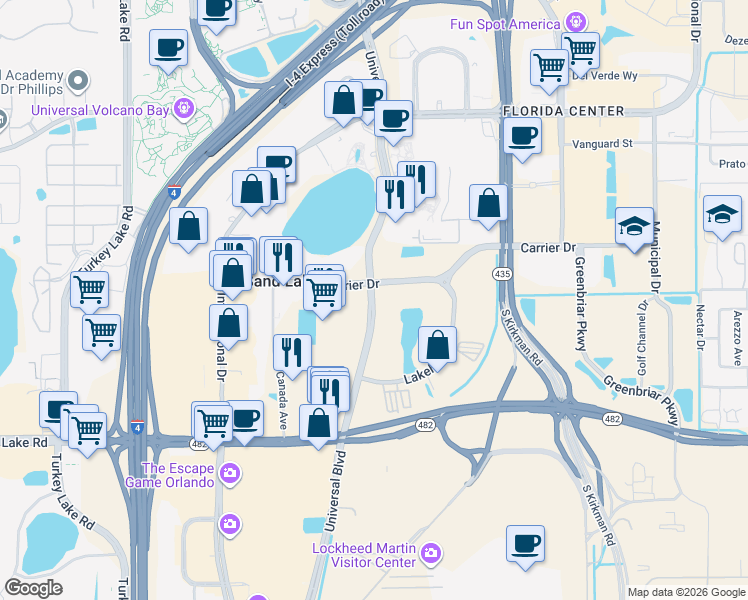 map of restaurants, bars, coffee shops, grocery stores, and more near 7500 Universal Boulevard in Orlando