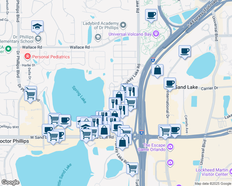 map of restaurants, bars, coffee shops, grocery stores, and more near 7683 Toscana Boulevard in Orlando