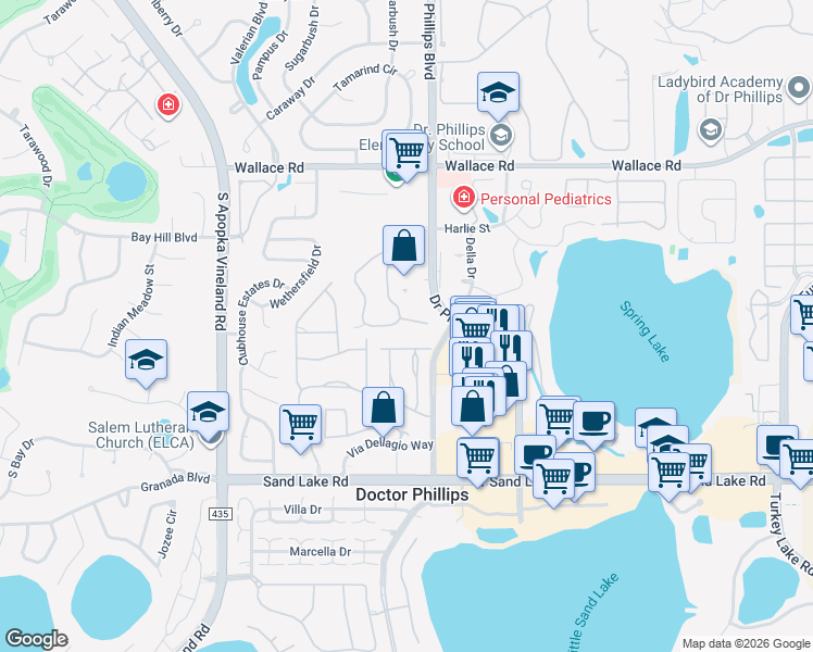 map of restaurants, bars, coffee shops, grocery stores, and more near 7860 Sugar View Court in Orlando