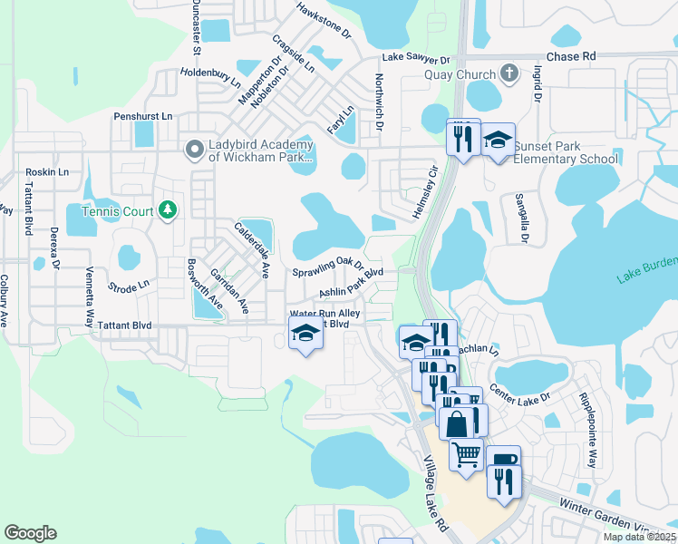 map of restaurants, bars, coffee shops, grocery stores, and more near 7213 Rambling Water Way in Windermere