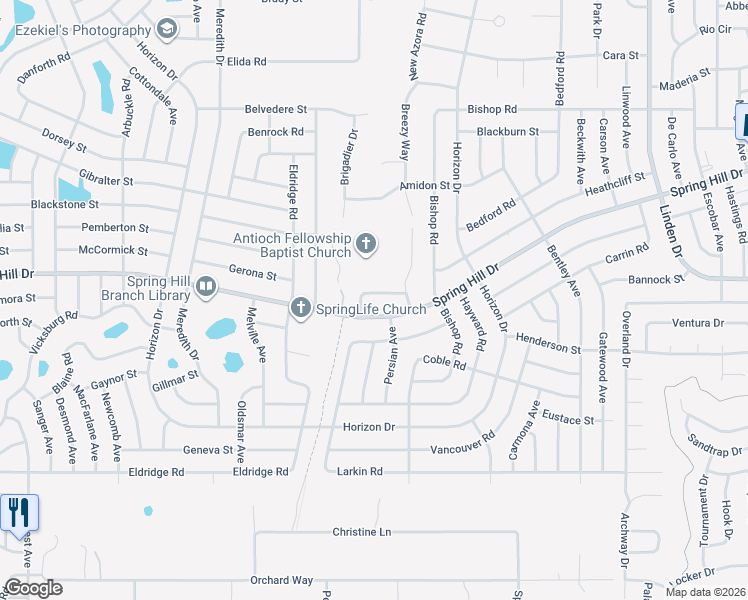 map of restaurants, bars, coffee shops, grocery stores, and more near 9426 Santoro Street in Spring Hill