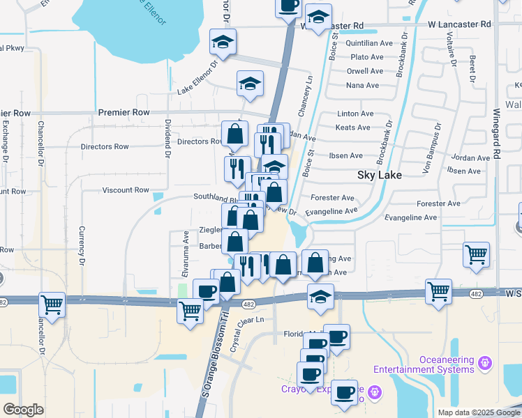map of restaurants, bars, coffee shops, grocery stores, and more near 8001 South Orange Blossom Trail in Orlando