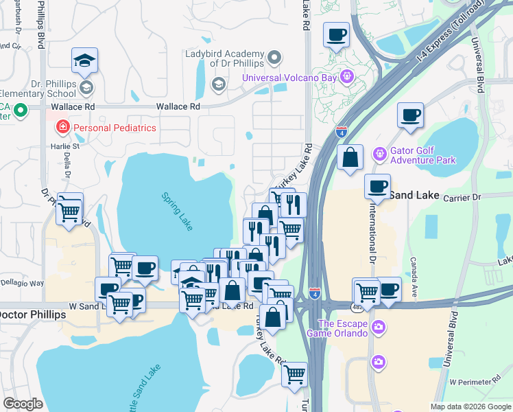 map of restaurants, bars, coffee shops, grocery stores, and more near 7683 Toscana Boulevard in Orlando
