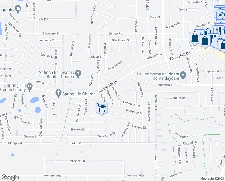 map of restaurants, bars, coffee shops, grocery stores, and more near 10277 Horizon Drive in Spring Hill
