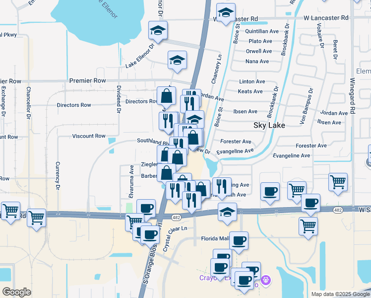 map of restaurants, bars, coffee shops, grocery stores, and more near 7687 S Orange Blossom Trail in Orlando