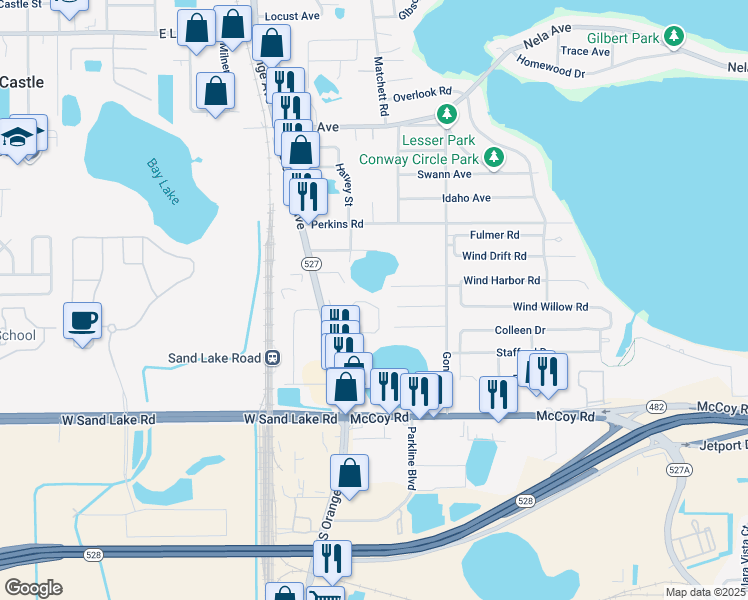 map of restaurants, bars, coffee shops, grocery stores, and more near 7803 South Orange Avenue in Orlando