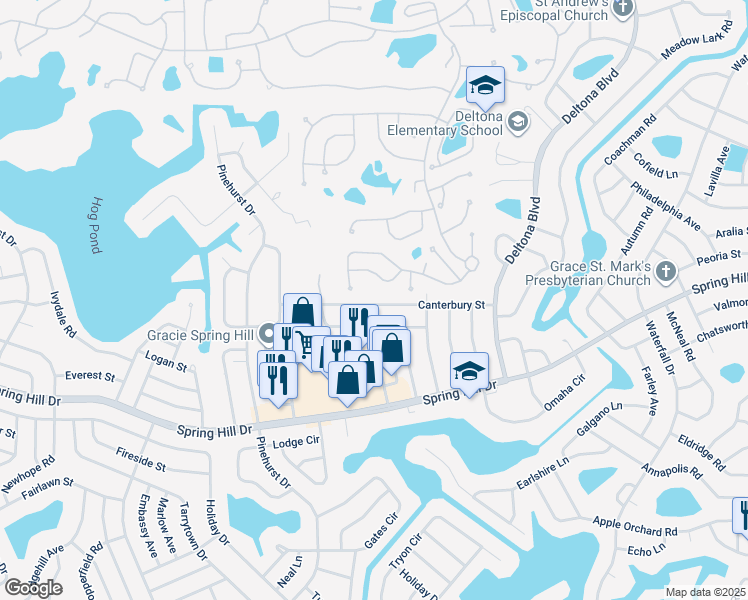 map of restaurants, bars, coffee shops, grocery stores, and more near 7429 Canterbury Street in Spring Hill