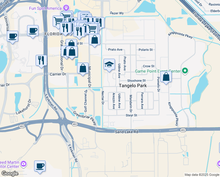 map of restaurants, bars, coffee shops, grocery stores, and more near 7513 Nectar Drive in Orlando