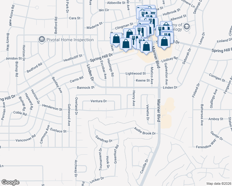 map of restaurants, bars, coffee shops, grocery stores, and more near 1514 Overland Drive in Spring Hill