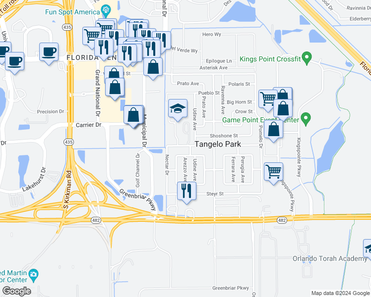 map of restaurants, bars, coffee shops, grocery stores, and more near 5106 Anzio Street in Orlando