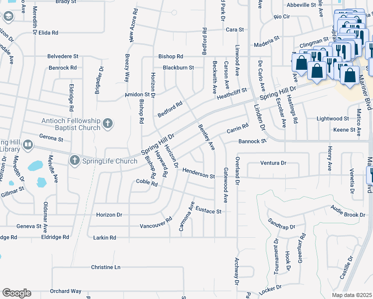 map of restaurants, bars, coffee shops, grocery stores, and more near 10145 Carrin Road in Spring Hill