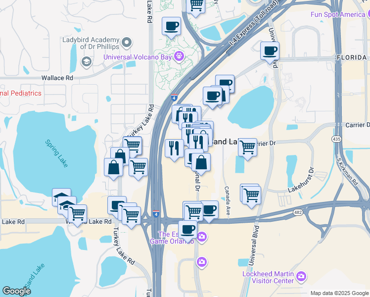 map of restaurants, bars, coffee shops, grocery stores, and more near 7218 International Drive in Orlando
