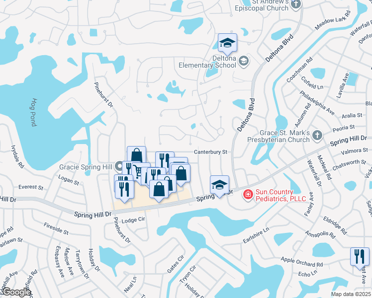 map of restaurants, bars, coffee shops, grocery stores, and more near 7469 Canterbury Street in Spring Hill