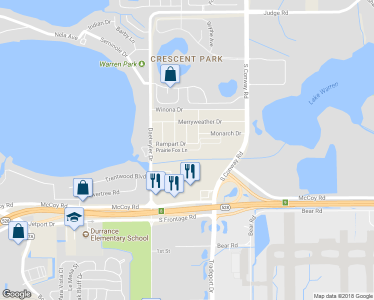map of restaurants, bars, coffee shops, grocery stores, and more near 3641 Prairie Fox Lane in Orlando