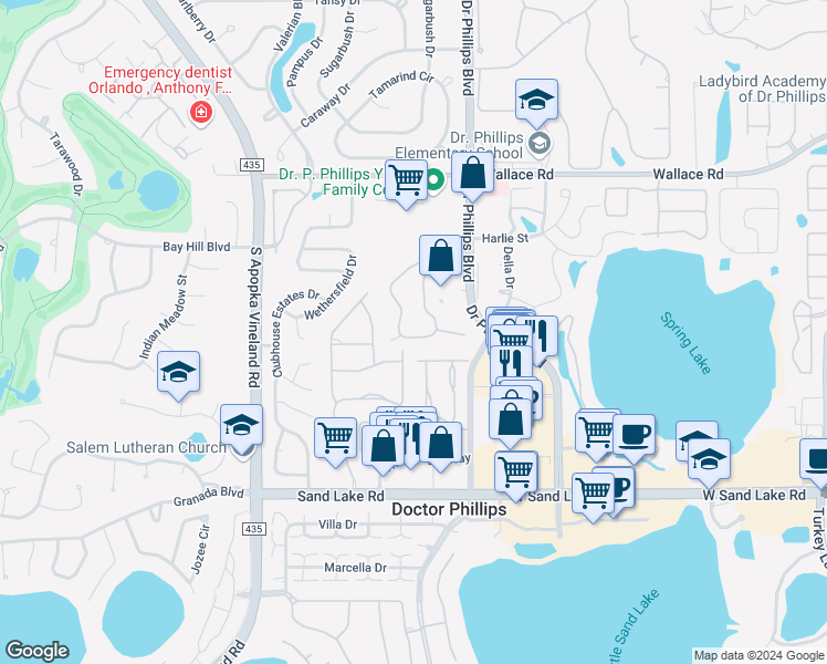 map of restaurants, bars, coffee shops, grocery stores, and more near 7650 Sugar Bend Drive in Orlando