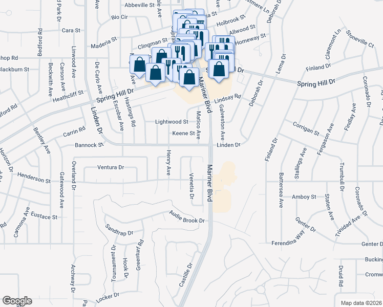 map of restaurants, bars, coffee shops, grocery stores, and more near 1266 Venetia Drive in Spring Hill