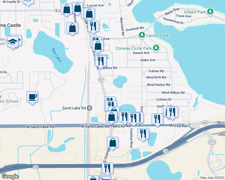 map of restaurants, bars, coffee shops, grocery stores, and more near 7803 South Orange Avenue in Orlando