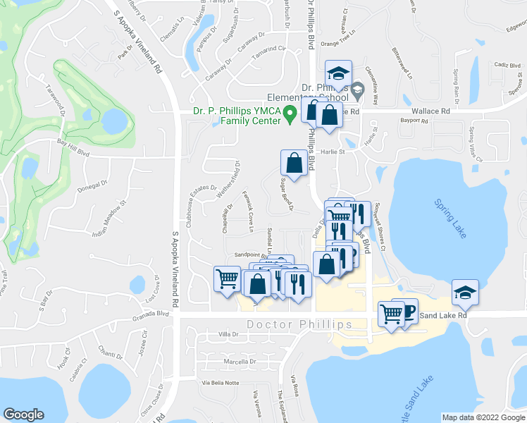map of restaurants, bars, coffee shops, grocery stores, and more near 7645 Fenwick Cove Lane in Orlando