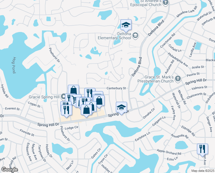 map of restaurants, bars, coffee shops, grocery stores, and more near 7476 Canterbury Street in Spring Hill