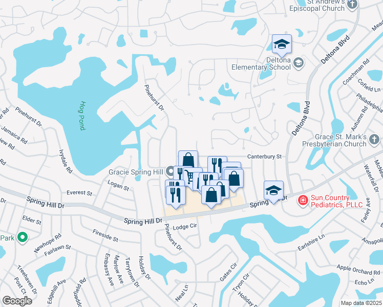 map of restaurants, bars, coffee shops, grocery stores, and more near 7344 Canterbury Street in Spring Hill