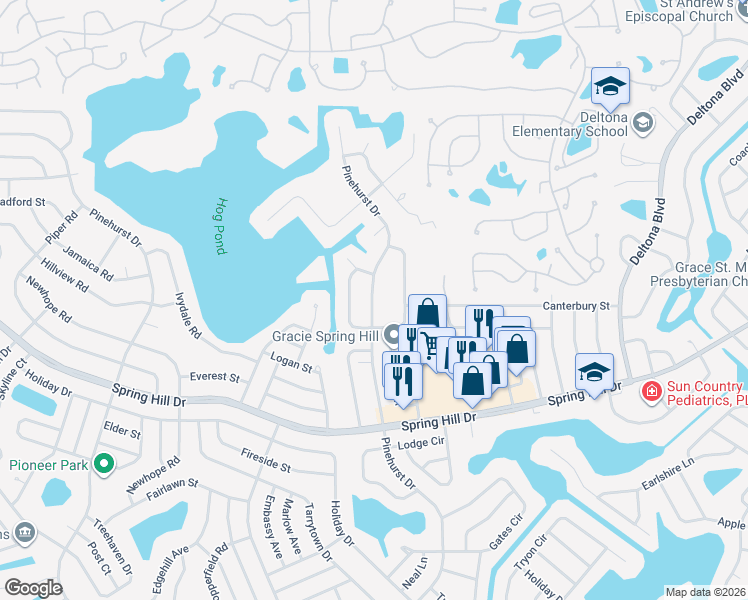 map of restaurants, bars, coffee shops, grocery stores, and more near 7295 Pond Circle in Spring Hill