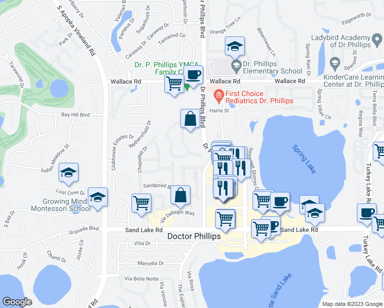 map of restaurants, bars, coffee shops, grocery stores, and more near 7858 Sugar View Court in Orlando