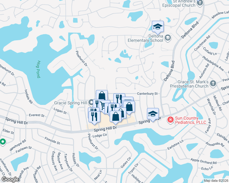 map of restaurants, bars, coffee shops, grocery stores, and more near 7387 Canterbury Street in Spring Hill