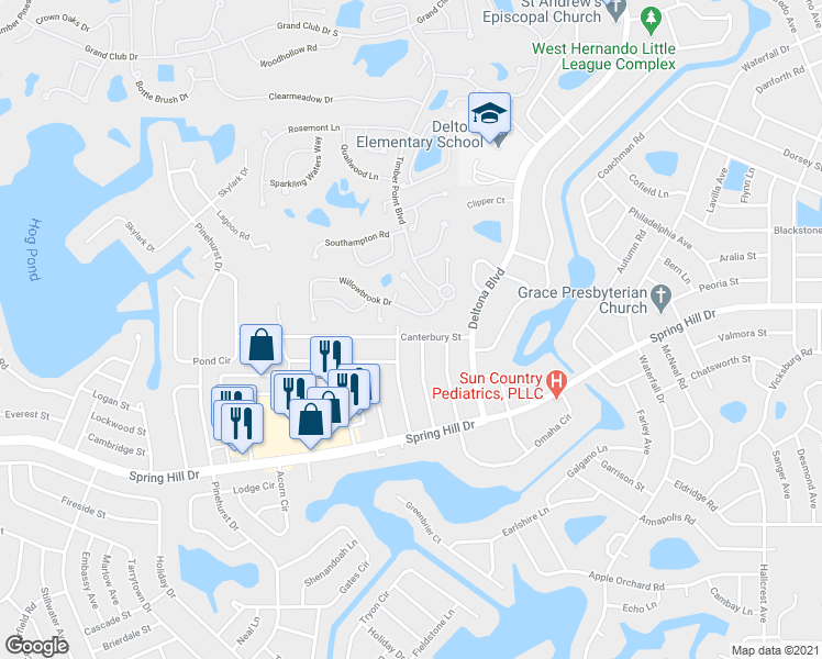 map of restaurants, bars, coffee shops, grocery stores, and more near 8019 Canterbury Street in Spring Hill