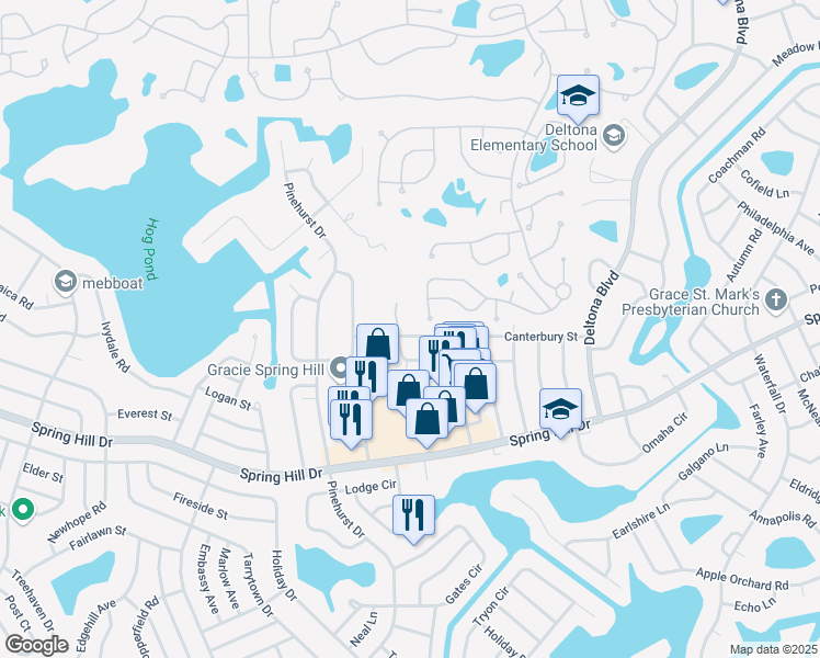 map of restaurants, bars, coffee shops, grocery stores, and more near 7371 Canterbury Street in Spring Hill