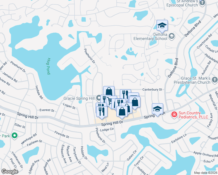 map of restaurants, bars, coffee shops, grocery stores, and more near 7344 Canterbury Street in Spring Hill